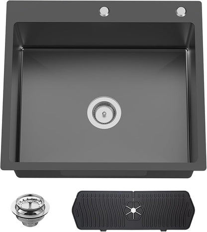 Black Kitchen And Bar Sink, 25x22 Inch Stainless Steel Drop In Kitchen Sink Modern Single Bowl Topmount Bar Sink Combo-Silicon Mat,Drain Strainer Set Compatibility With Various Kitchen & Bar Style