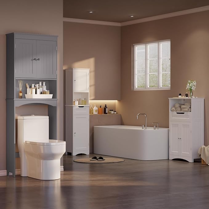 Gizoon Over the Toilet Storage Cabinet with Adjustable Shelf, Grey | Bathroom Space Saver Organizer Above Toilet with Open Shelf and Double Doors, Taller Wooden Free Standing Toilet Rack