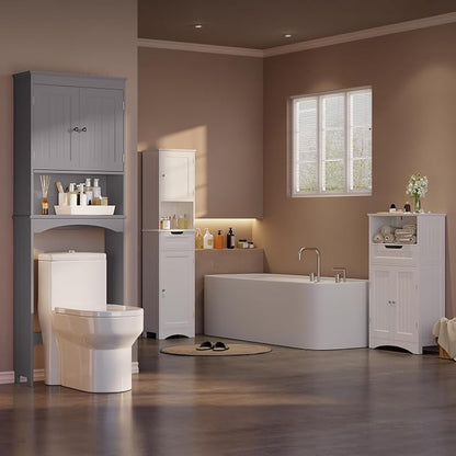 Gizoon Over the Toilet Storage Cabinet with Adjustable Shelf, Grey | Bathroom Space Saver Organizer Above Toilet with Open Shelf and Double Doors, Taller Wooden Free Standing Toilet Rack
