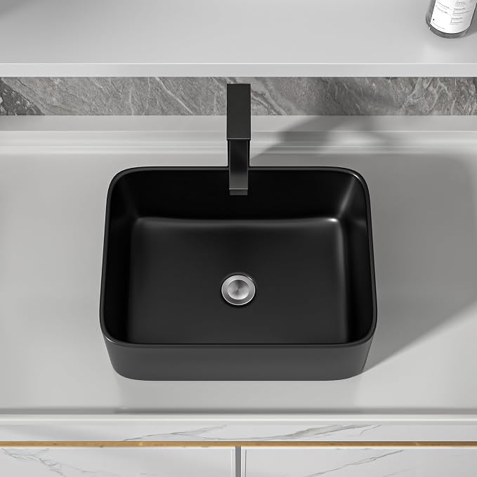 16"x12" Black Bathroom Vessel Sink Rectangular - Matte Black Porcelain Ceramic Rectangle Above Counter Vanity Lavatory Bath Sink Art Basin