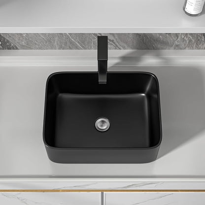 16"x12" Black Bathroom Vessel Sink Rectangular - Matte Black Porcelain Ceramic Rectangle Above Counter Vanity Lavatory Bath Sink Art Basin