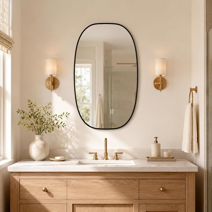 Black Oval Bathroom Mirrors 24x36 Inch | Oblong Vanity Mirror, Crystal-Clear HD Glass, Rust-Proof Aluminum Frame, Inner-Curved Decor for Bedroom, Entryway