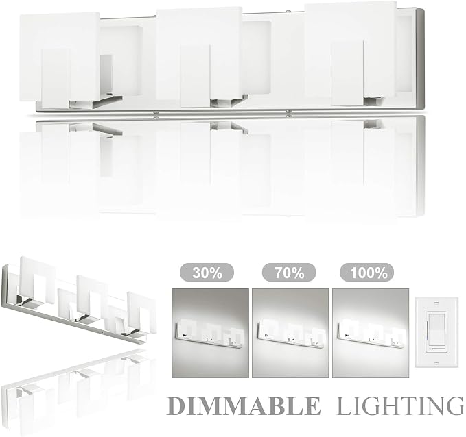 Aipsun 3 Lights Dimmable Modern LED Vanity Light for Bathroom Frosted White Acrylic Chrome Up and Down Bathroom Wall Light Fixtures Over Mirror(White Light 6000K)