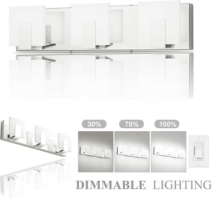 Aipsun 3 Lights Dimmable Modern LED Vanity Light for Bathroom Frosted White Acrylic Chrome Up and Down Bathroom Wall Light Fixtures Over Mirror(White Light 6000K)