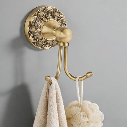 Wall Mounted Antique Brass Towel Hook Bathroom Hook for Clothing & Robe Hanger, Screws Install Shower, Vintage Gold Brass Petal-Relief Series Longhorn Double Hook
