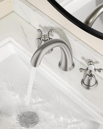 FORIOUS Faucet for Bathroom Sink 3 Hole, Brushed Nickel Bathroom Faucet Widespread with Pop Up Drain and Water Hose Supply, 2 Cross Handle Design, for Vanity RV Farmhouse Sink