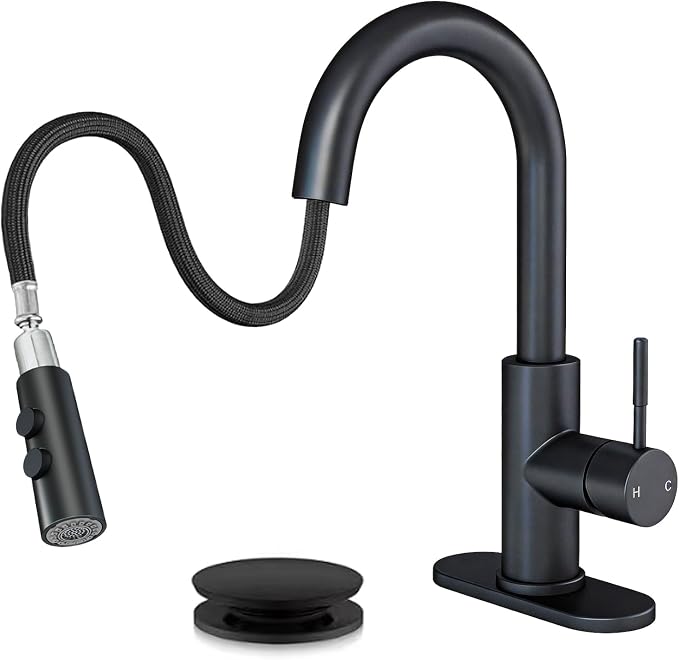 Bathroom Faucets with Pull Down Sprayer, Bar Sink Faucet Single Hole for Kitchen Campers with Pop-Up Drain Hose, Suitable for Farmhouse Vanity Lavatory
