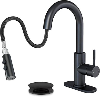 Bathroom Faucets with Pull Down Sprayer, Bar Sink Faucet Single Hole for Kitchen Campers with Pop-Up Drain Hose, Suitable for Farmhouse Vanity Lavatory