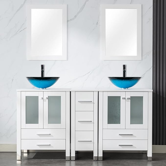 LUCKWIND 60" Double 24" Bathroom Vanity with Sink Combo, Elegant Series with One 12.6-in Side Cabinet, Painted Frame, Including Turquoise Square Sinks, Faucets Without Mirrors, White