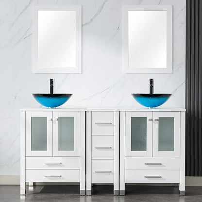 LUCKWIND 60" Double 24" Bathroom Vanity with Sink Combo, Elegant Series with One 12.6-in Side Cabinet, Painted Frame, Including Turquoise Square Sinks, Faucets Without Mirrors, White