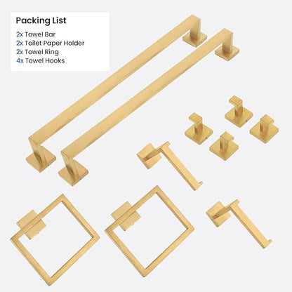 FAHKNS 10 PCS Bathroom Hardware Accessories Set 23.6 Inch Stainless Steel Bath Towel Bar Set Square Towel Ring Set for Bathroom Wall Mounted, Gold
