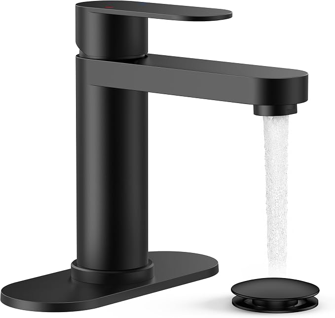 FORIOUS Bathroom Faucet 1 Hole, Single Handle Vanity Faucet Matte Black | Black Bathroom Sink Faucet with Deck Plate, Fits 1 Hole and 4-Inch 3 Hole Install, for RV Vanity Lavatory Restroom Camper