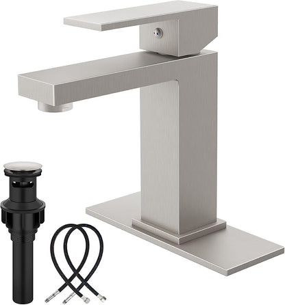 Midanya Bathroom Faucets 1 Hole, Single Handle Stainless Steel Bathroom Sink Faucet, Modern Vanity Faucets with Deck Plate,Water Supply Hoses and Pop Up Drain,Brushed Nickel