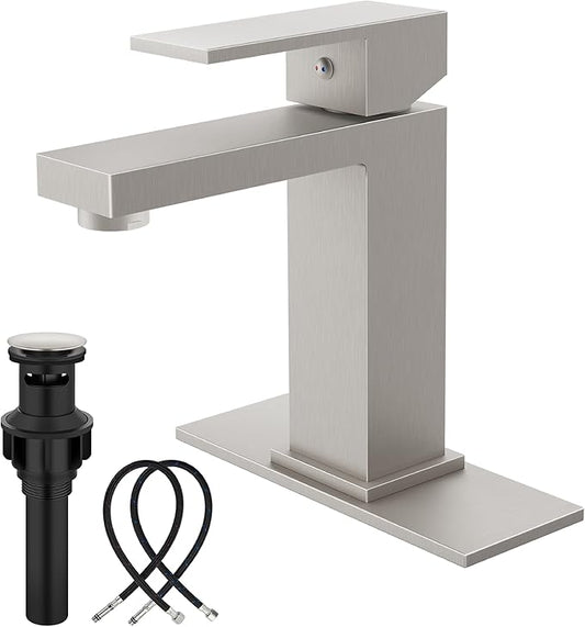 Midanya Bathroom Faucets 1 Hole, Single Handle Stainless Steel Bathroom Sink Faucet, Modern Vanity Faucets with Deck Plate,Water Supply Hoses and Pop Up Drain,Brushed Nickel