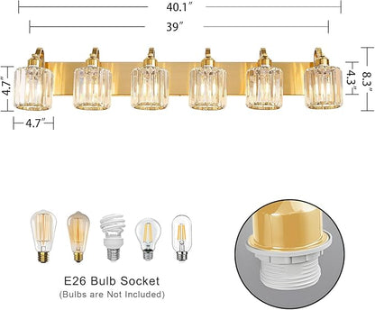 Modern Bathroom Vanity Light 6-Lights Brass Gold Vanity Light Crystal Wall Light Bathroom Light Fixtures with Round Shade (Exclude Bulb)