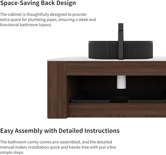 Yayzy 36" Floating Bathroom Vanity with Sink, Solid Wood Fluted Cabinet, Black Fluted Oval Ceramic Basin & Faux Marble Top, Soft-Close Drawer, Pre-Assembled, Walnut Woodgrain