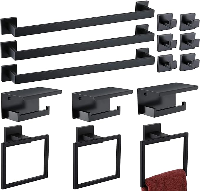 Bathroom Hardware Set 15 Piece Matte Black Bathroom Accessories Set SUS304 Towel Bar Set Includes 3 Towel Bar 24 Inch+3 Towel Holder+3 Toilet Paper Holder+6 Towel Hooks (15, Matte Black)