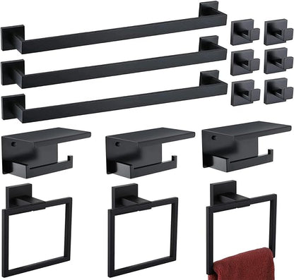 Bathroom Hardware Set 15 Piece Matte Black Bathroom Accessories Set SUS304 Towel Bar Set Includes 3 Towel Bar 24 Inch+3 Towel Holder+3 Toilet Paper Holder+6 Towel Hooks (15, Matte Black)
