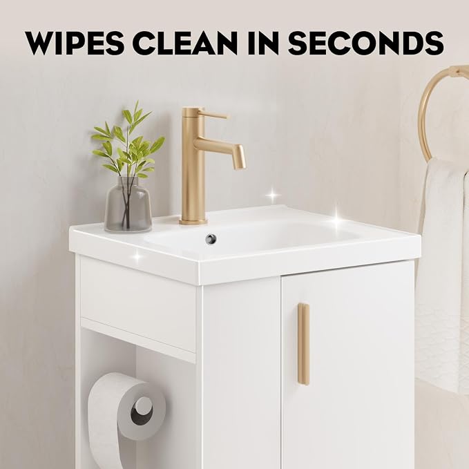16 Inch White Pre-Assembled Bathroom Vanity Fit for Small Space, Bathroom Vanity with Ceramic Sink,Soft Close Door, Left Side Storage,Compact Modern Design,No Faucet,BV05-16-WHITE-PLUS-0128