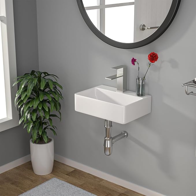 Floating Bathroom Sink Wall Mounted - Rectangle Vessel Sink 14" x 10" Small Modern Bathroom Wall Hung Sink White Porcelain Ceramic Vessel Vanity Sinks with Faucet Hole