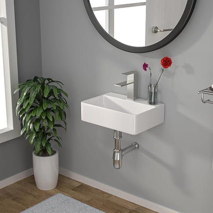 Floating Bathroom Sink Wall Mounted - Rectangle Vessel Sink 14" x 10" Small Modern Bathroom Wall Hung Sink White Porcelain Ceramic Vessel Vanity Sinks with Faucet Hole