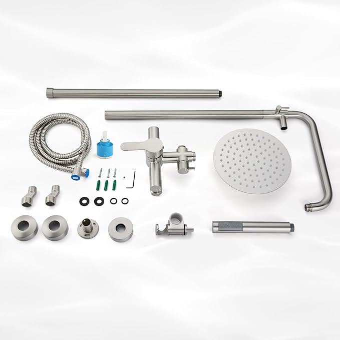 gotonovo Outdoor Shower Kit 304 Stainless Steel, Brushed Nickel, 8 Inch | Rain Outdoor Shower Head and Handle Set Fixture System Faucet, Exposed Wall Mounted, for Outside Yard Pool Seaside/Indoor
