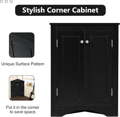 Corner Storage Cabinet with Two Doors for Bathroom, Living Room or Kitchen, Adjustable Shelf, Freestanding Floor Space Saver, Black