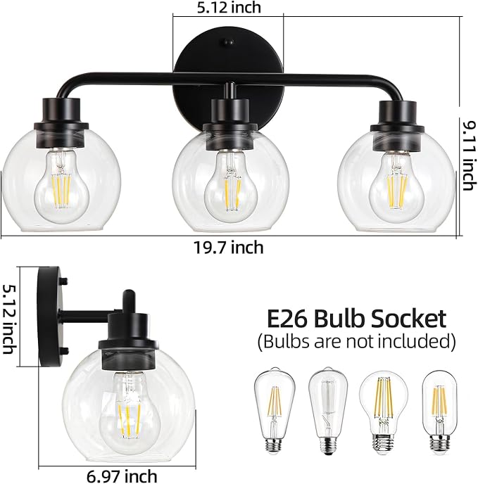 Bathroom Light Fixtures Black Vanity Light, 3 Light Modern Wall Sconces Lighting Bathroom Lights with Globe Clear Glass Shades, Bath Wall Lights Wall Lamp for Mirror Kitchen Living Room Hallway | Wall Sconces Lighting with Globe Clear Glass Shades, Bat...