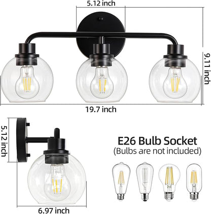 Bathroom Light Fixtures Black Vanity Light, 3 Light Modern Wall Sconces Lighting Bathroom Lights with Globe Clear Glass Shades, Bath Wall Lights Wall Lamp for Mirror Kitchen Living Room Hallway | Wall Sconces Lighting with Globe Clear Glass Shades, Bat...