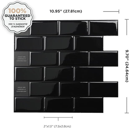 Smart Tiles Peel and Stick backsplash, Subway Jet Black, 10.95"x9.7" | Pack of 10 (6.3 sq ft), Glossy, Heat/Moisture Resistant, Low VOC, Kitchen/Bathroom, Renter Friendly, Made in Canada