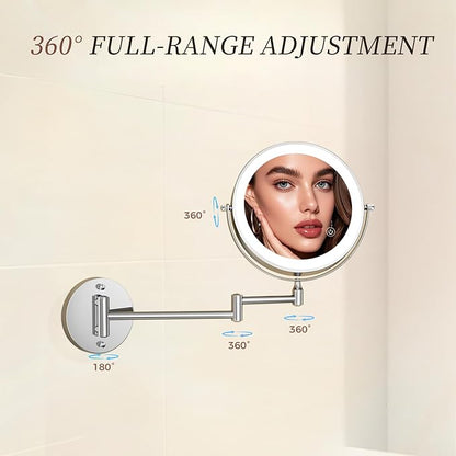 Rocollos Rechargeable Wall Mounted Lighted Makeup Mirror Chrome, 8 Inch Double-Sided LED Vanity Mirror 1X/10X Magnification,3 Color Lights Touch Screen Dimmable 360°Swivel 13 Inch Extendable