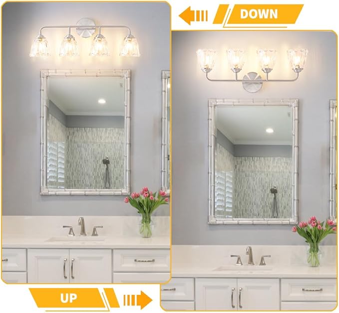 Vintage 4-Light Brushed Nickel Bathroom Light Fixtures, Elegant Bathroom Vanity Lights Over Mirror, Vanity Lighting with Clear Shade, Art Deco Wall Sconce Lighting for Bedroom
