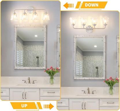 Vintage 4-Light Brushed Nickel Bathroom Light Fixtures, Elegant Bathroom Vanity Lights Over Mirror, Vanity Lighting with Clear Shade, Art Deco Wall Sconce Lighting for Bedroom