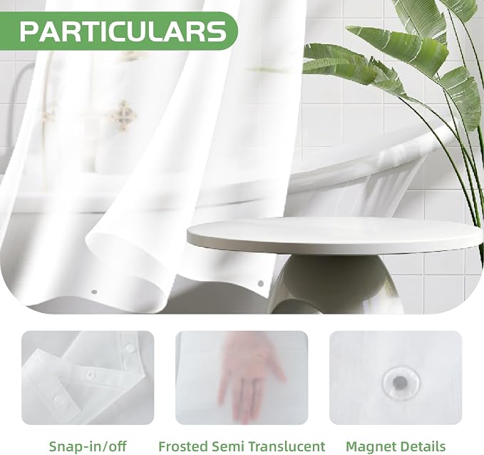 eachope 2 Pack PEVA Snap-in Shower Curtain Liner Replacement,Compatible with No Hook Shower Curtain with Snap in Liner, Removable & Water-Repellent,Machine Washable,70x64,Frost