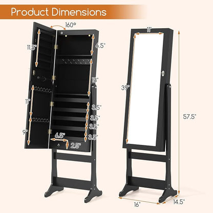 Giantex Standing Jewelry Armoire, Lockable Jewelry Cabinet with Full Length Mirror, LED Lights, 4 Tilt Angle Adjustable, Mirror with Jewelry Storage, Standing Jewelry Organizer with Drawers, Black