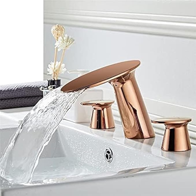 Basin Faucet Brushed Gold Bathroom Sink 3 Hole Widespread Rose Mixer Hot and Cold Waterfall Tap New-Gold(Rose Gold)