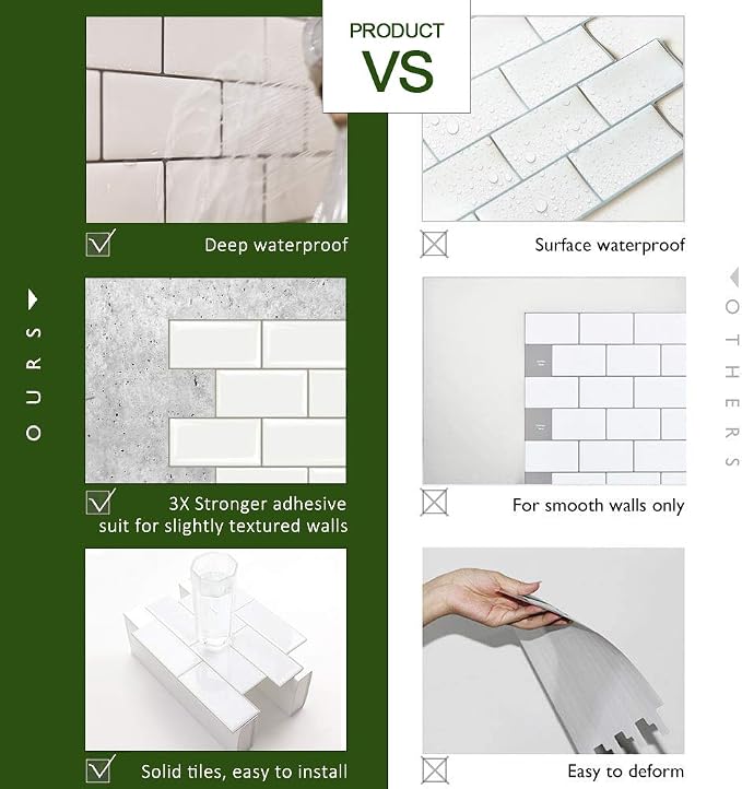 STICKGOO 10-Sheet Peel and Stick Subway Tile, Stick on Tiles Backsplash for Kitchen & Bathroom in White (Thicker Design)