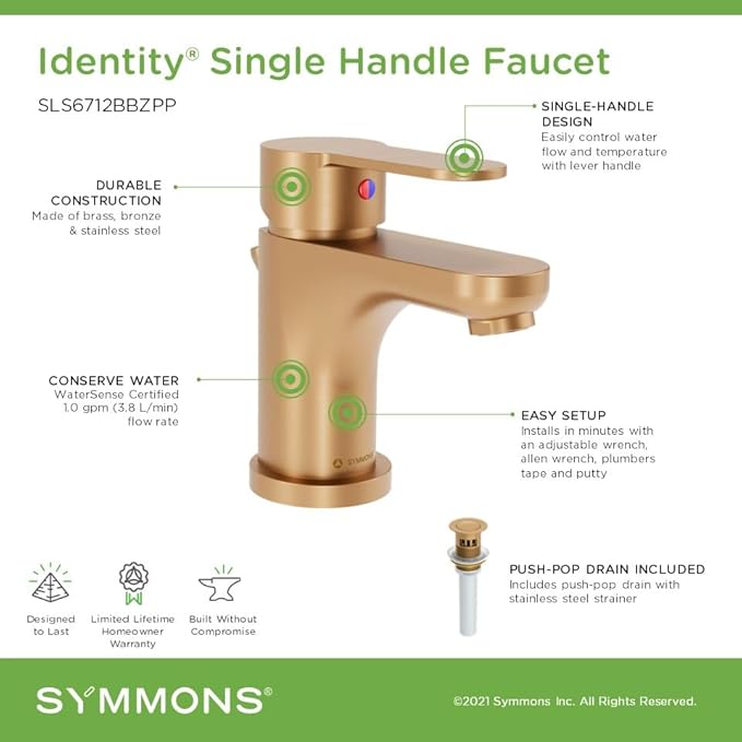 Symmons Identity Single Hole Single Handle Bathroom Faucet with Push Pop Drain in Brushed Bronze (1.0 GPM)