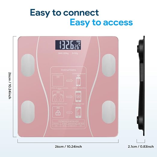 Smart Body Fat Scale with Led Display - Digital Bathroom Scale with Bluetooth, Accurate Body Composition Measurement, Muscle Mass, BMI, and Body Water Analysis (Pink)
