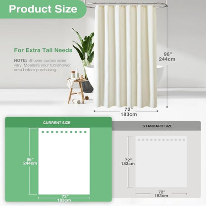 Extra Long Waffle Shower Curtain 256 GSM Fabric 72x96 Cream/Ivory | 96 Inch Tall, Thick Cloth, Weighted Hem, Water Repellent, Hotel Luxury Polyester Shower Curtain Set for Bathroom 12 Hooks