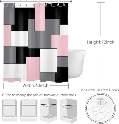 HVEST Modern Pink Shower Curtain with Hooks, Grey Black and White Abstract Geometric Shower Curtain for Bathroom, Mid Century Minimalist Bathroom Decor Curtains, 60W X72L inches