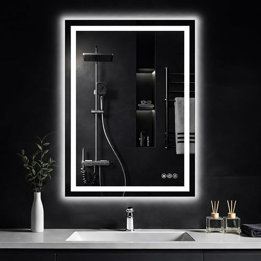 30"x 36" LED Bathroom Mirror with Lights, Backlit & Front Lit, Stepless Dimmable, Anti-Fog, 3 Colors Led Mirror, Wall-Mounted Vanity Mirror, Memory Function, Tempered Glass, Shatter-Proof