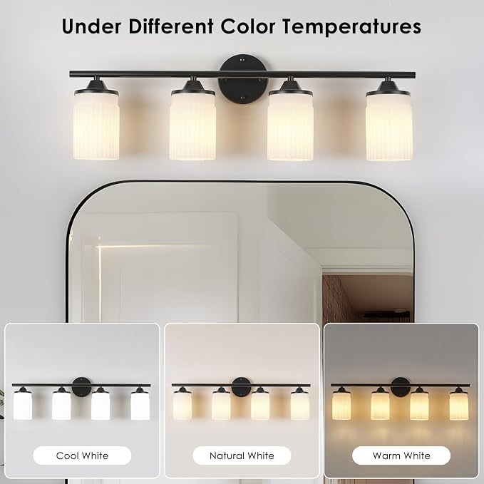 Jonsi Black Bathroom Light Fixtures 4-Light Vanity Lights Modern Wall Sconce with Milk White Shade Brushed Brass Bathroom Light Fixture Over Mirror for Bedroom Hallway Kitchen