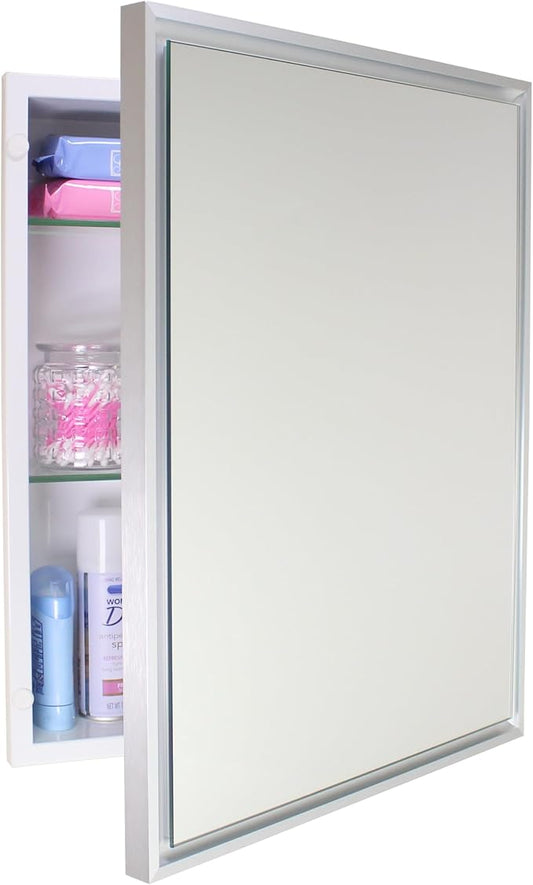 Fox Hollow Furnishings 16x20 Parker Metro Metal Framed Rectangle Recessed Bathroom Medicine Cabinet, Floating Mirror, 14x24 in-Wall Opening, Adjustable Glass Shelves, Magnet Close, Brushed Nickel