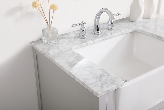 36" Pre-Assembled Bathroom Vanity with Sink, Solid Birch and MDF, Carrara White Marble Countertop Attached, Single Rectangle Porcelain Sink, 3 Soft-Close Drawers, Grey