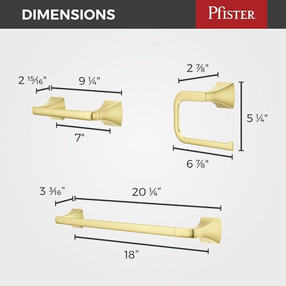 Pfister Bruxie 3-Piece Bathroom Hardware Set with Towel Bar, Towel Ring, and Toilet Paper Holder, Wall-Mounted, Brushed Gold Finish, BTBBIE3BG