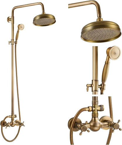 gotonovo Exposed Shower System Wall Mount,Antique Brass,Metal Handheld | 8” Rain Shower Head Faucet Set Fixtures,2 Function,Two Cross Handle,Height Adjustable,for 5-6.7" Hole,Indoor Victorian Retro