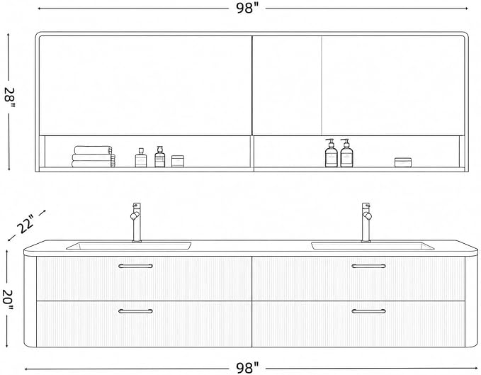 98 in Double Bathroom Vanity with Sinks - Modern Floating Bathroom Vanity with Solid Wood Cabinet, Anti-Fog Mirror and Integrated Stone Sinks | Wall Mounted Design | Ample Storage