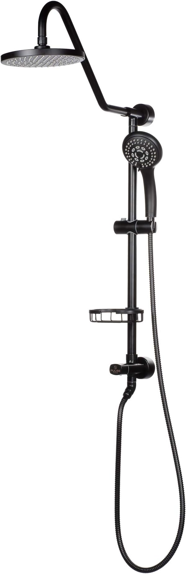 PULSE ShowerSpas Kauai III Matte Black Rain Shower Head with Handheld Spray - 1.8 GPM, 8" Showerhead, 5-Function HandShower, Adjustable Slide Bar - Shower Heads with Handheld Spray Combo