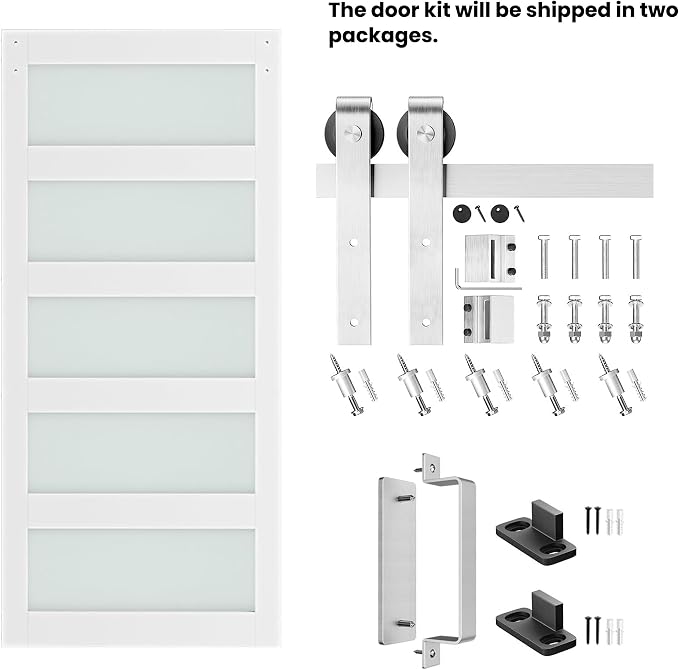 42'' x 84'' Glass Barn Door and 7FT Brushed Nickel Hardware Kit | MDF White Barn Door Slab with Frosted Glass, PVC Surface, Combined with Handle and Floor Guide-Assembly Required